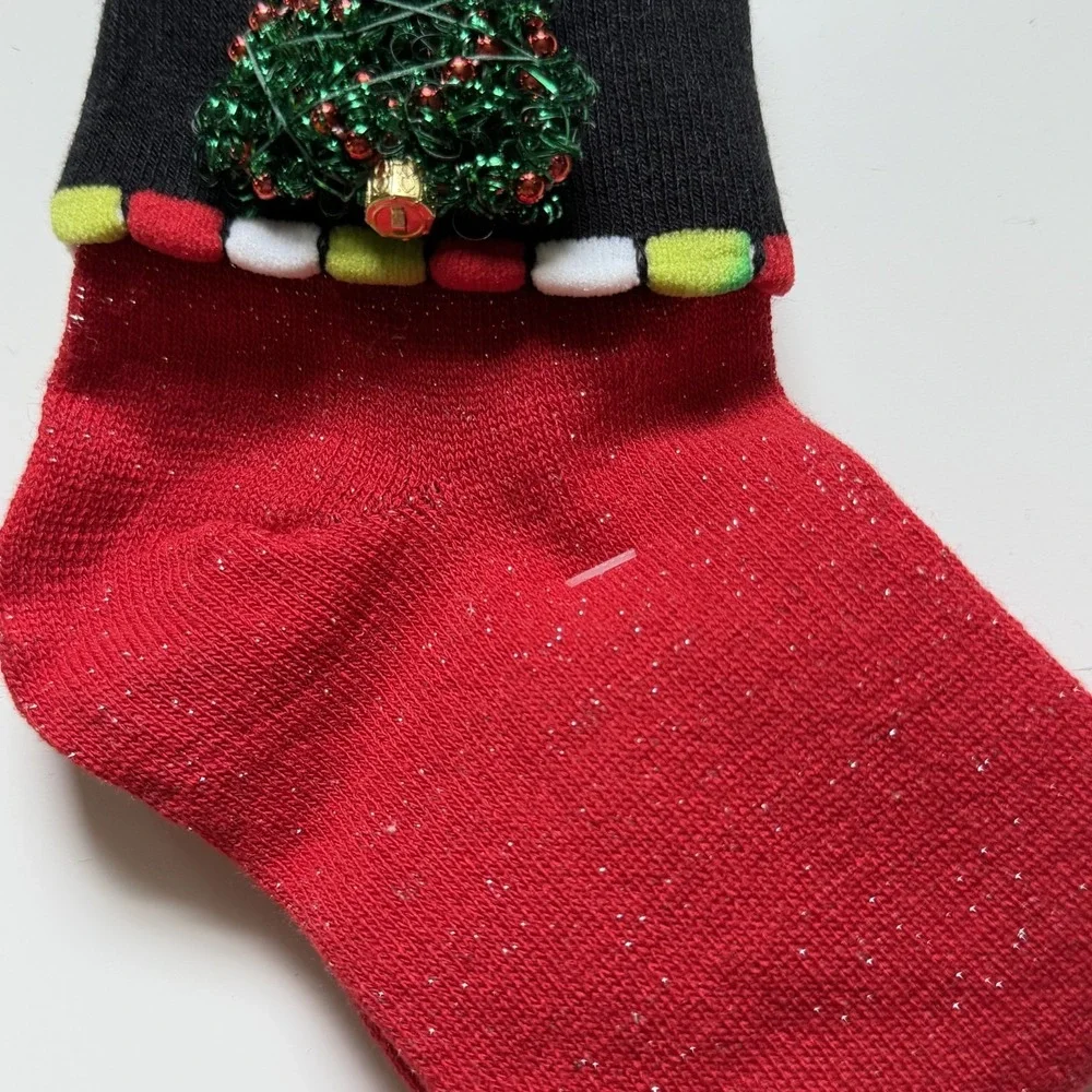 Basic Editions Holiday Christmas Tree Socks Red Sparkle Glitter 3D Tinsel NWT 9-